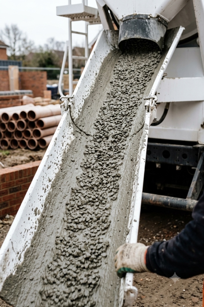 Volumetric mobile concrete mixer pouring on-site in Rickmansworth